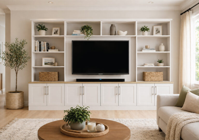 Modern living room with built-in TV shelving