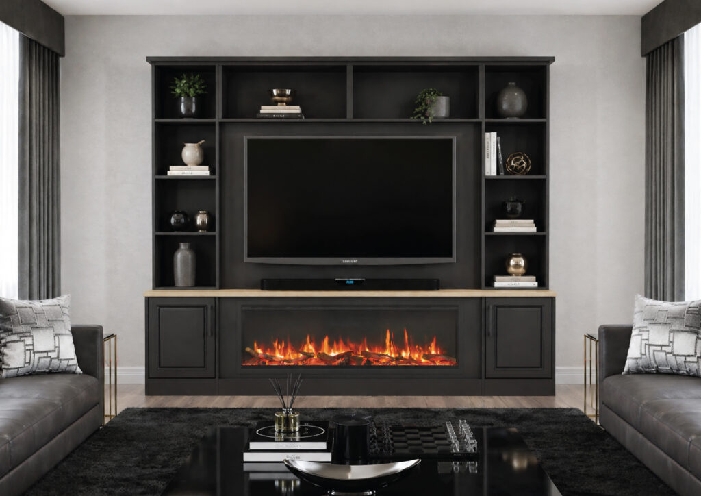 Modern living room with TV and fireplace