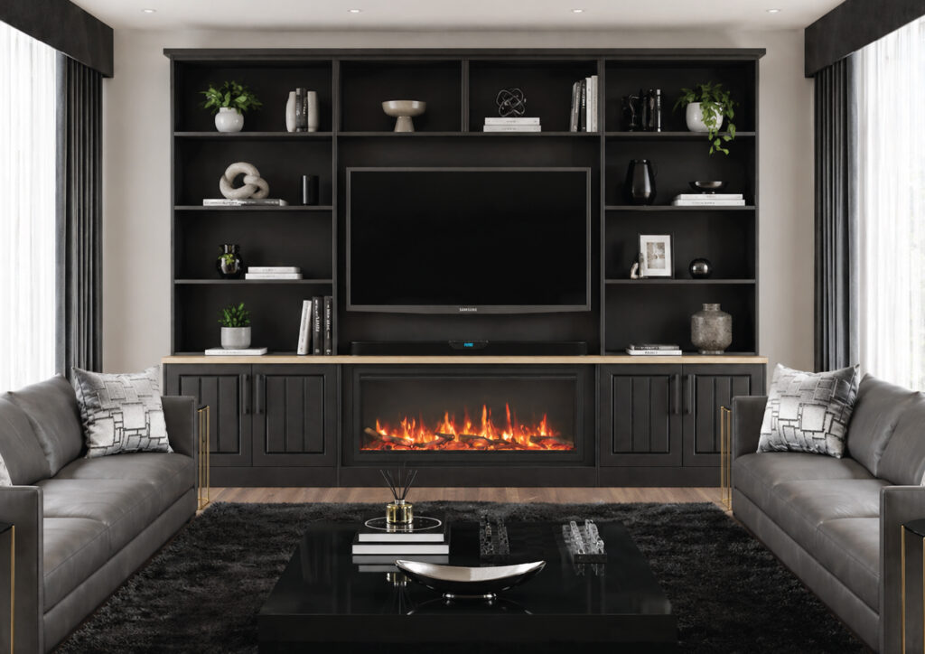 Modern living room with fireplace and built-in shelves