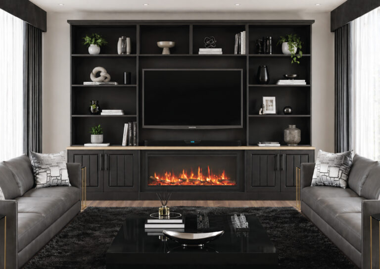 Modern living room with fireplace and built-in shelves