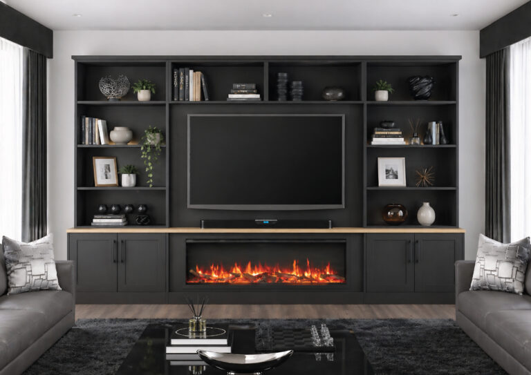 Modern living room with TV and fireplace wall