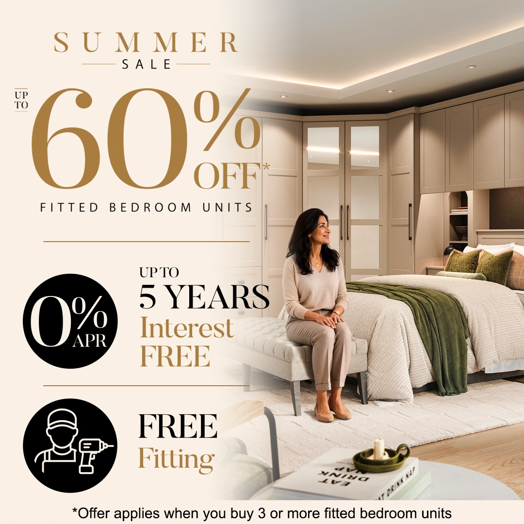 Woman in modern fitted bedroom summer sale advert