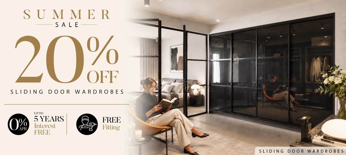 Modern bedroom with black sliding door wardrobe sale