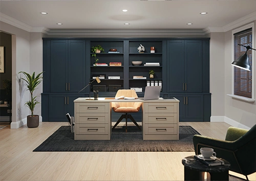 Modern home office with blue built-in cabinets