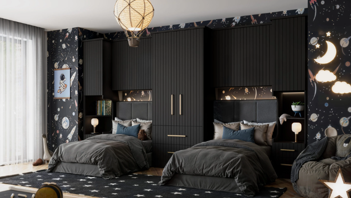 Twin beds in a dark space-themed children's bedroom