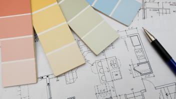 Colour swatches and pen on architectural floor plan