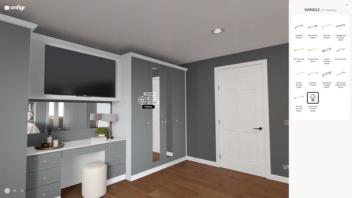 Modern grey home office with white desk and wooden floor