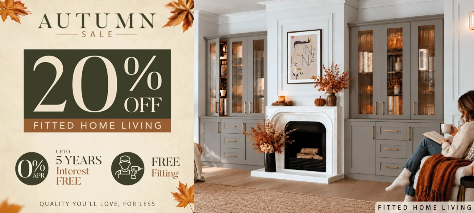 Autumn sale advert beside cosy fitted living room