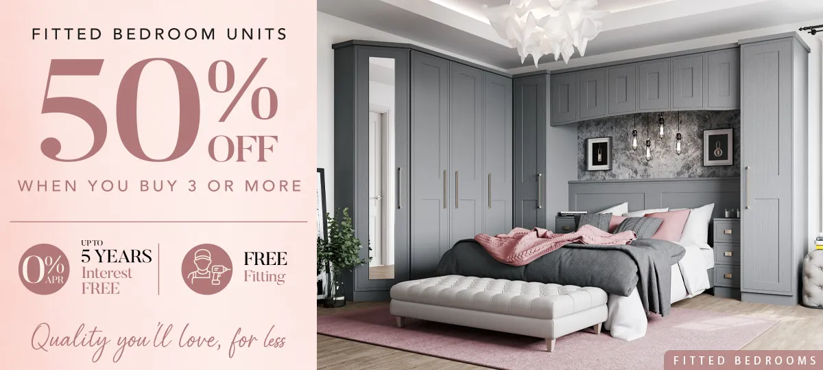 Grey fitted bedroom wardrobes with 50% off promotion