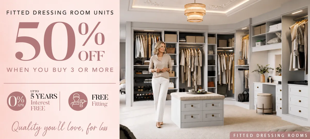 Luxury fitted dressing room with 50% off promotion