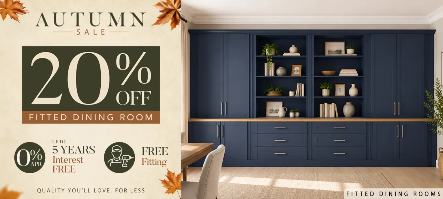 Autumn sale advert for navy fitted dining room cabinetry