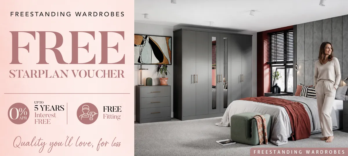 Freestanding grey wardrobes in a stylish modern bedroom