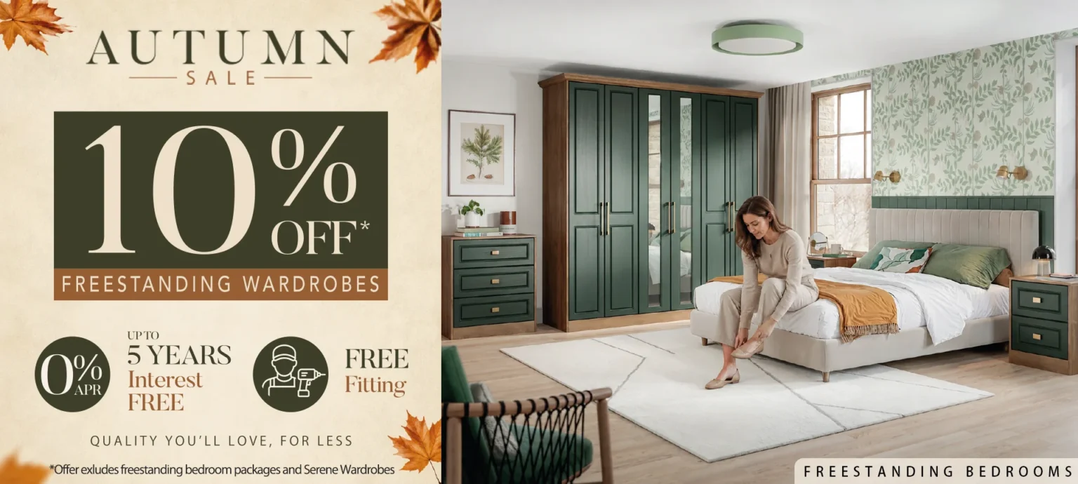 Autumn sale advert featuring green freestanding bedroom furniture