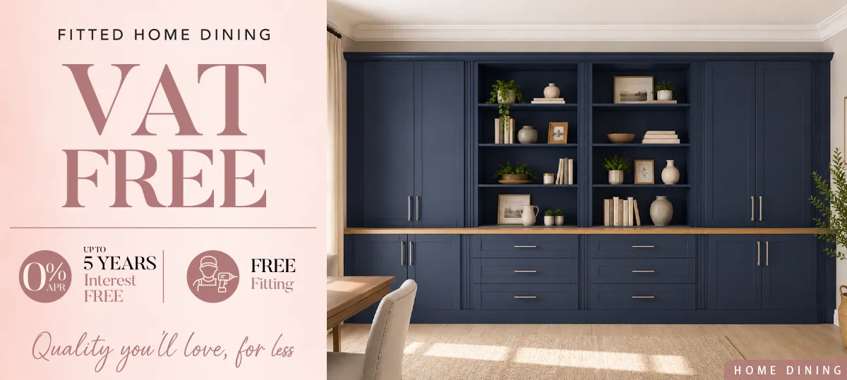 Navy fitted dining cabinetry with VAT-free promotion
