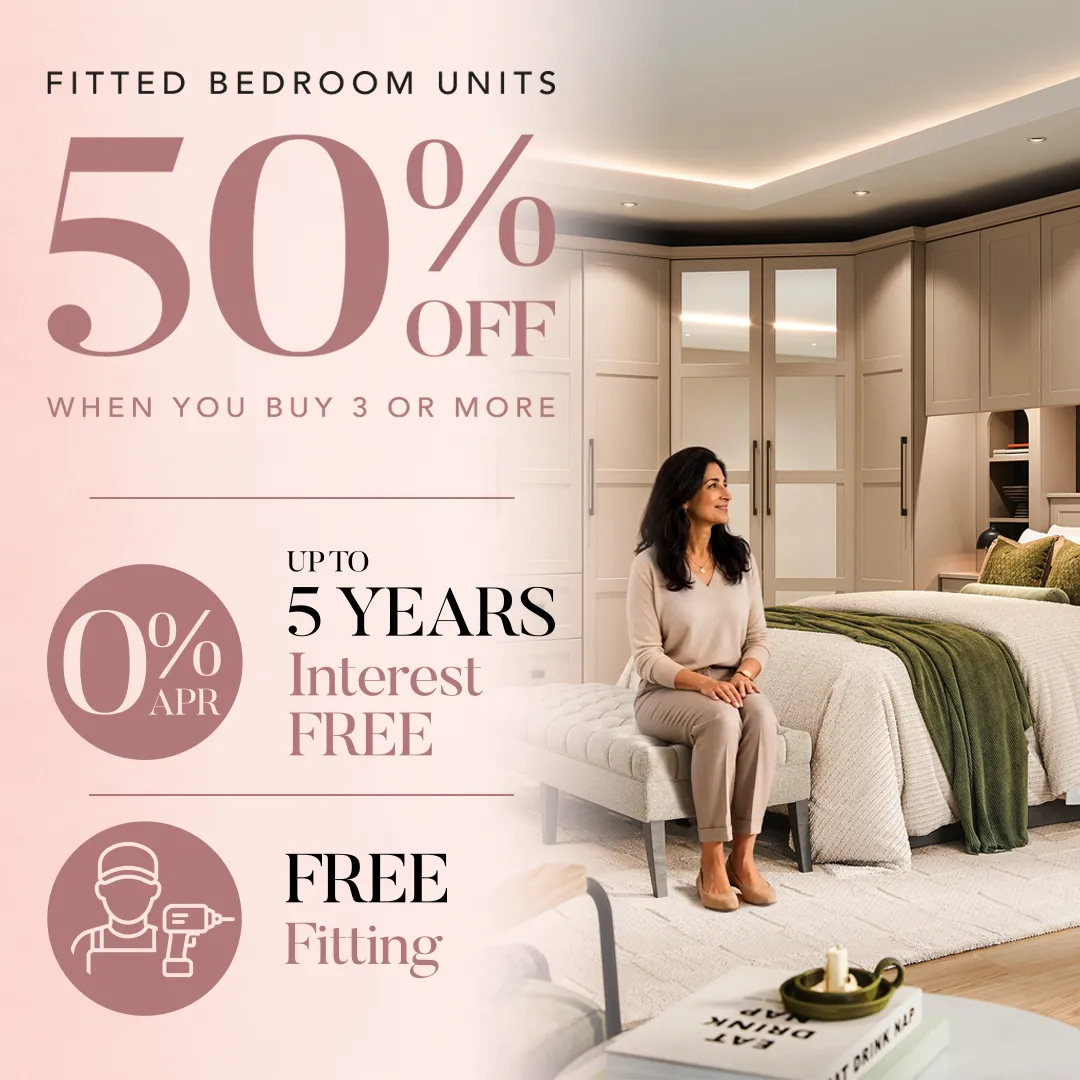 Fitted bedroom units sale with woman beside bed