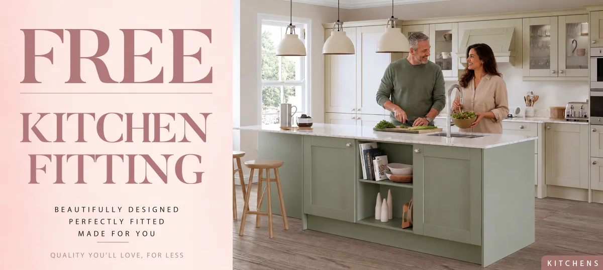 Couple cooking in a bright fitted kitchen advertisement