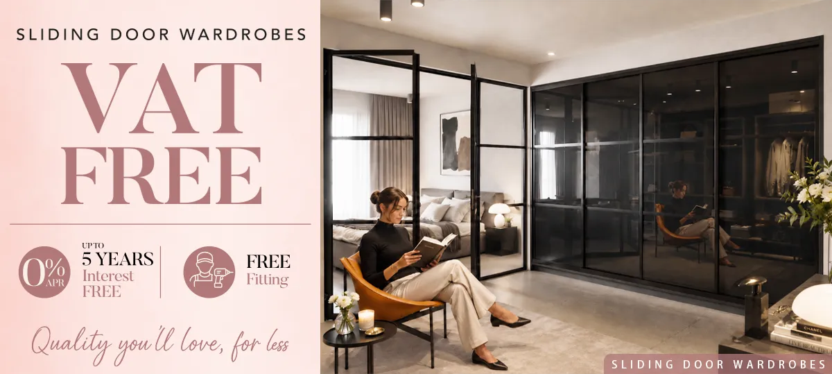 Modern black glass sliding door wardrobe in stylish bedroom